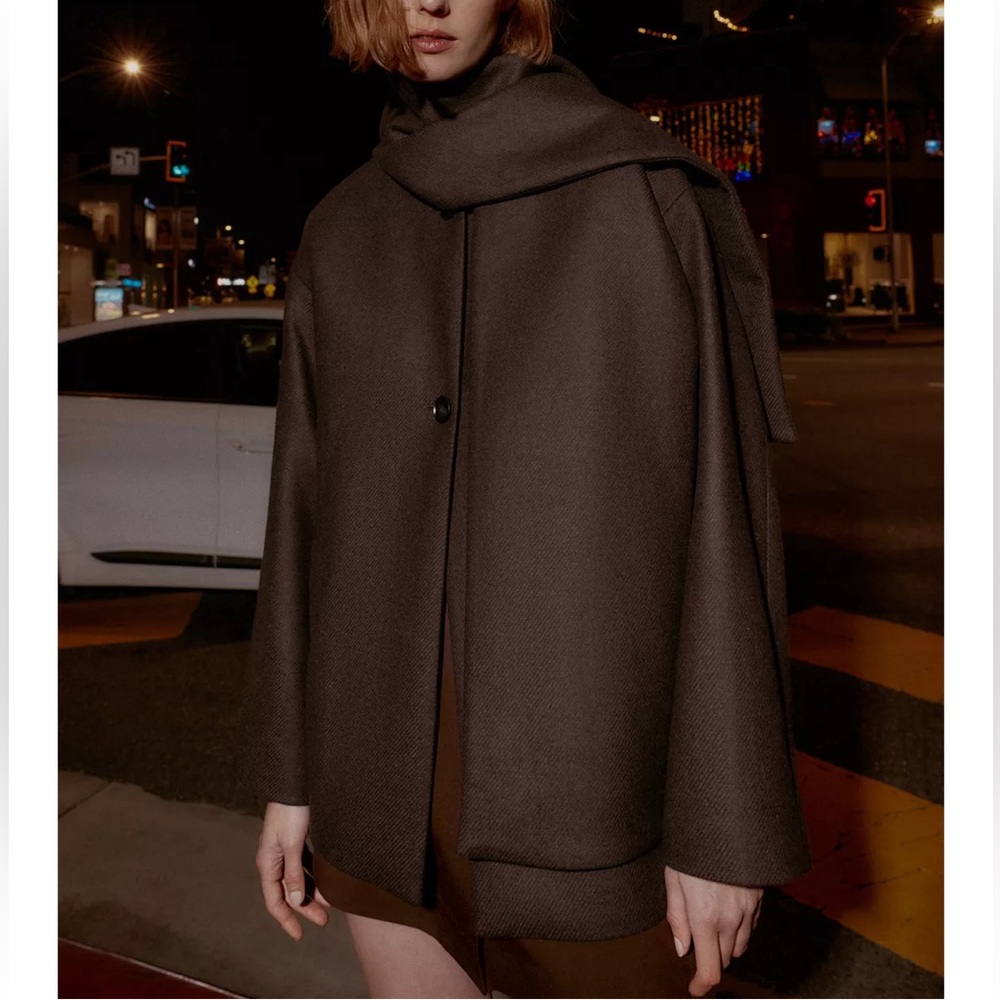 Zara NWT brown wool blend jacket coat with scarf - Picture 12 of 14